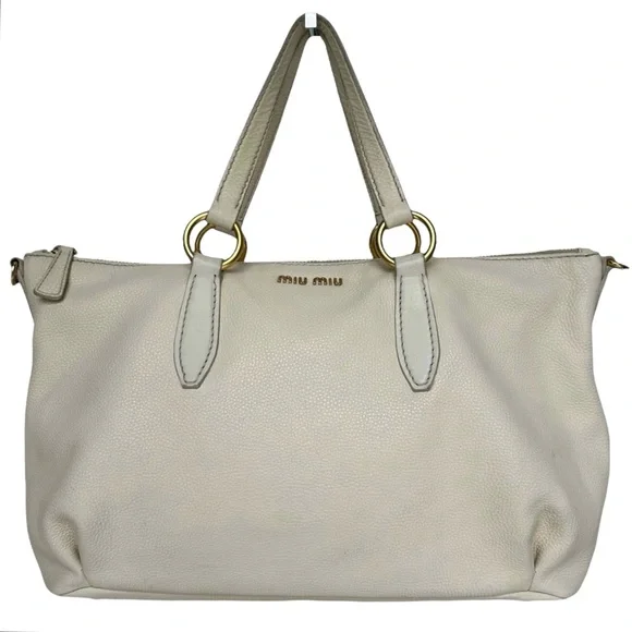 Miu Miu Pebbled Leather Crossbody Shoulder Hand Bag Satchel East West Off White - Picture 4 of 17